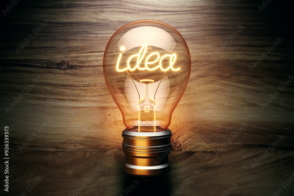 Leinwandbilder glowing lightbulb with idea text on a wooden background. 3d rendering