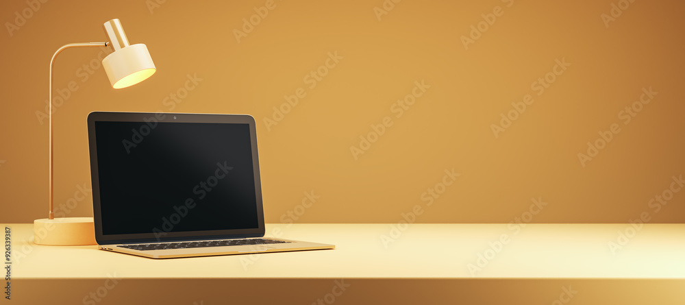 Poster Laptop on desk next to a lamp in a modern office setting. 3D Rendering