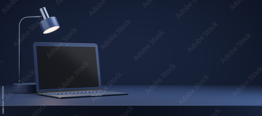 Poster modern workspace with laptop and lamp on a desk in a dark room. 3d rendering