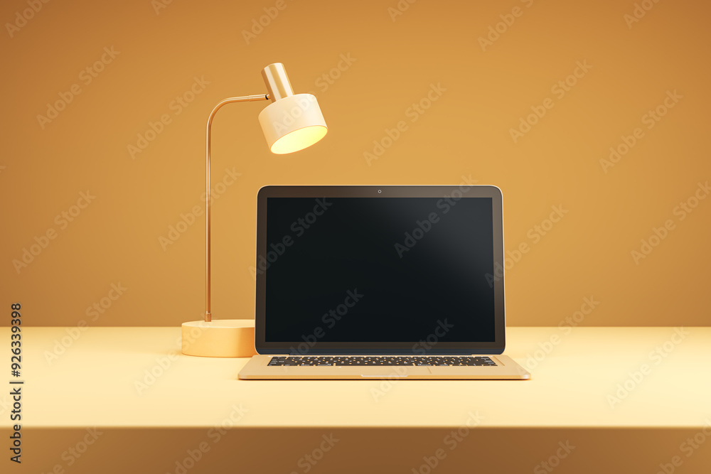 Poster laptop and lamp on desk in modern orange-themed workspace. 3d rendering