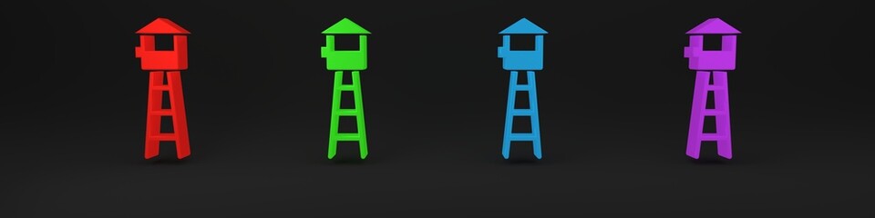 Colorful Watch tower icon isolated on black background. Prison tower, checkpoint, protection territory, state border, military base. Minimalism concept. 3D render illustration