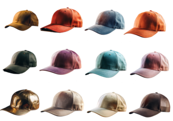 colorful baseball cap collection on transparent background, all color baseball caps in one png format photo. red, white, yellow, gray, teal, green, purple, magenta, blue, orange, silver caps