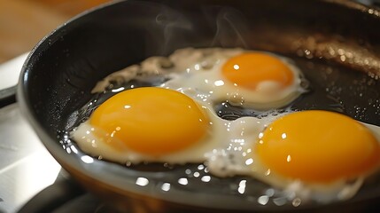 Closeup of couple of eggs frying in a non stick pan on a stove top