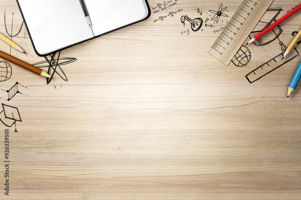 Poster Back to School Concept with Sketches and Stationery on Wooden Desk. 3D Rendering
