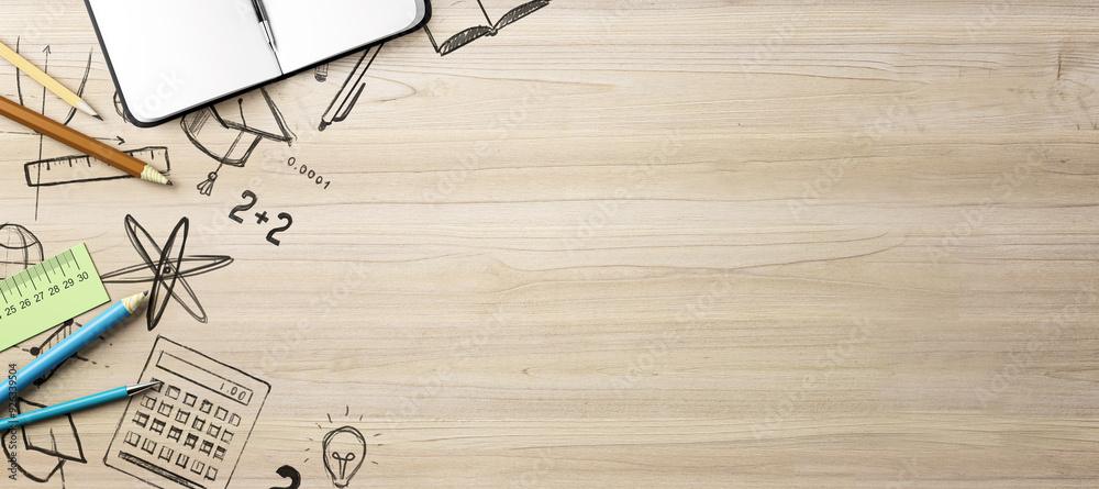 Poster back to school concept with sketch elements on wooden background. 3d rendering
