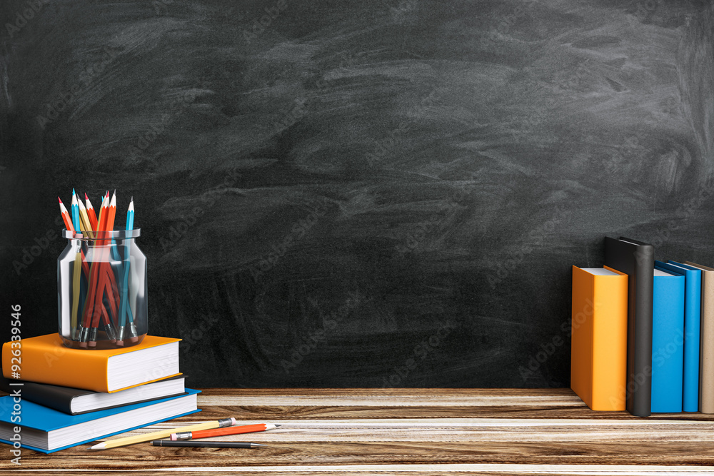 Poster back to school supplies on wooden desk with empty chalkboard background. 3d rendering