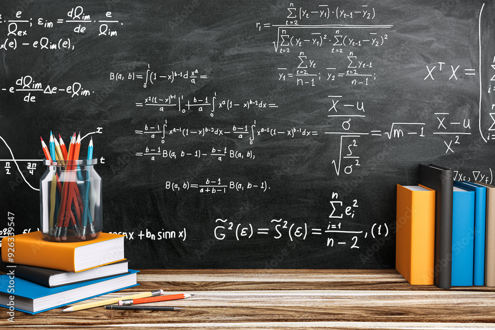 Poster School supplies and mathematical formulas on chalkboard background. 3D Rendering