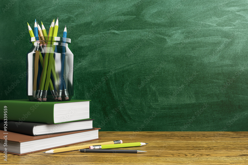 Poster back to school stationery on desk with green chalkboard background. 3d rendering