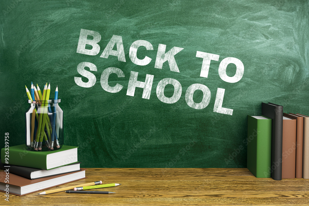 Poster Back to School Text on Chalkboard with Books and Pencils on Desk. 3D Rendering