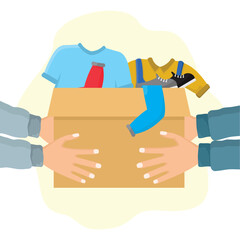 donation concept illustration with boxes containing clothes and shoes, flat style vector illustration.