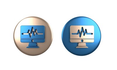 Fototapeta premium Colorful Computer monitor with cardiogram icon isolated on white background. Monitoring icon. ECG monitor with heart beat hand drawn. Circle button. 3D render illustration