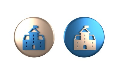 Colorful Castle icon isolated on white background. Medieval fortress with a tower. Protection from enemies. Reliability and defense of the city. Circle button. 3D render illustration