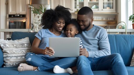 Fototapeta premium African American family working on a laptop while