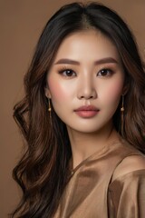 Naklejka premium Close-up portrait of beautiful elegant Asian woman with flawless skin and minimal makeup on beige background, highlighting natural beauty and sophisticated facial expression, skincare concept