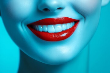 Obraz premium Close-up happy female smile with healthy white teeth, bright magenta lips make-up. Cosmetology, dentistry and beauty care. Macro of woman's smiling mouth. Beautiful smile