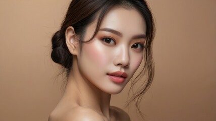 Fototapeta premium Close-up portrait of beautiful elegant Asian woman with flawless skin and minimal makeup on beige background, highlighting natural beauty and sophisticated facial expression, skincare concept