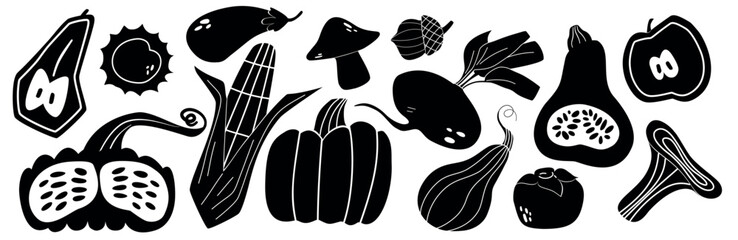 A set of vegetables silhouette.  Black and white harvest and food.