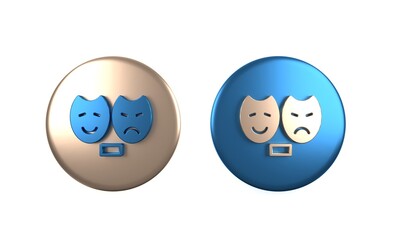 Colorful Comedy and tragedy theatrical masks icon isolated on white background. Circle button. 3D render illustration