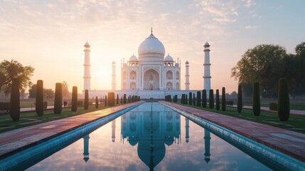 Obraz premium The Taj Mahal at Sunrise with a Reflective Pool