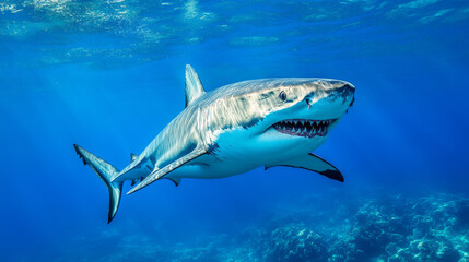 Naklejka premium A fearsome shark glides through the ocean depths, its menacing toothy mouth agape, revealing rows of sharp teeth. --ar 16:9 --v 6.1 Job ID: e228822f-c9f9-479c-a591-e3cfa1b2da02