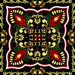 floral damask pattern with vibrant shades of red, yellow and green on a dark black background. This seamless vector illustration is perfect for wallpapers, invitations, rugs, curtains and decor items.