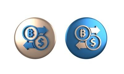 Colorful Cryptocurrency exchange icon isolated on white background. Bitcoin to dollar exchange icon. Cryptocurrency technology, mobile banking. Circle button. 3D render illustration