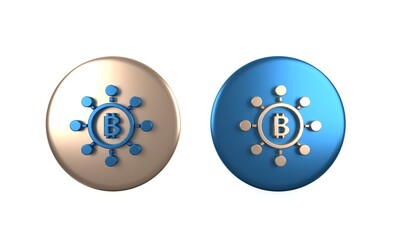 Colorful Blockchain technology Bitcoin icon isolated on white background. Abstract geometric block chain network technology business. Circle button. 3D render illustration