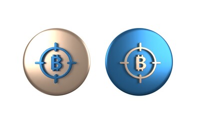 Colorful Bitcoin in the target icon isolated on white background. Investment target icon. Circle button. 3D render illustration