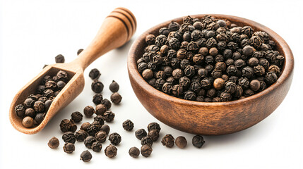 Black Peppercorns in Bowl and Scoop for Aromatic Spice