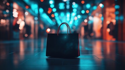 Shopping Bag in Neon-Lit Mall with Blurred Background, Representing a Black Friday Shopping Atmosphere