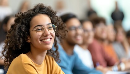 Obraz premium Smiling young woman in glasses in a crowd of people, audience, student, education, lecture, workshop