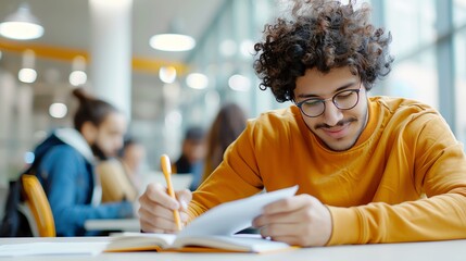 Young man studying in library with pen and notebook, focused on his work.