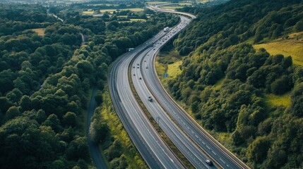 Aerial View of a Winding Highway Through Lush Green Forest