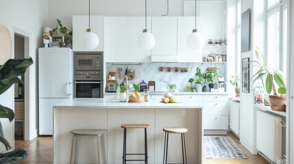 Fototapeta premium Contemporary Scandinavian Kitchen Interior Design with White Cabinets and Modern Appliances Including Plants and Natural Light