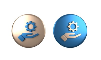 Colorful Settings in the hand icon isolated on white background. Circle button. 3D render illustration