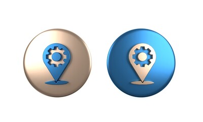 Colorful Location with gear icon isolated on white background. Circle button. 3D render illustration