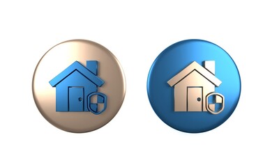 Colorful House under protection icon isolated on white background. Home and shield. Protection, safety, security, protect, defense concept. Circle button. 3D render illustration