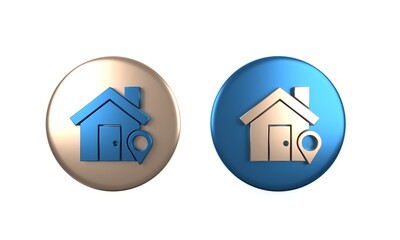 Colorful Map pointer with house icon isolated on white background. Home location marker symbol. Circle button. 3D render illustration