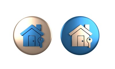 Colorful House with key icon isolated on white background. The concept of the house turnkey. Circle button. 3D render illustration