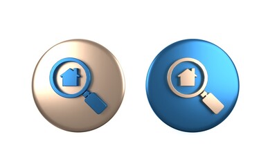 Colorful Search house icon isolated on white background. Real estate symbol of a house under magnifying glass. Circle button. 3D render illustration