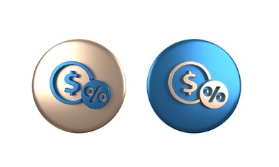 Colorful Money coin with percent icon isolated on white background. Cash Banking currency sign. Circle button. 3D render illustration
