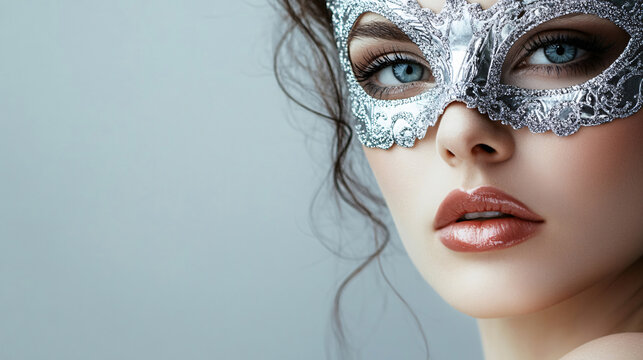Elegant Woman Wearing Silver Mask Against Light