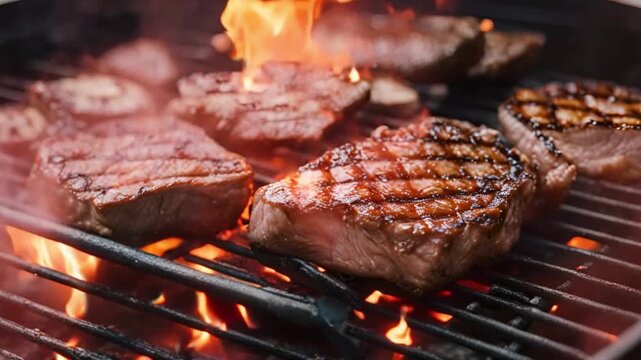 Grilled BBQ Beef Steaks on Charcoal with Flames - Perfect for Summer and Spring Outdoor Barbecue Parties.