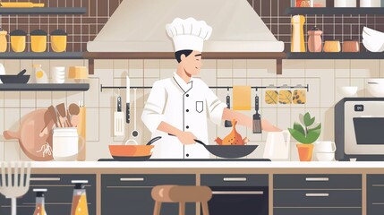 a chef in the minimalist kitchen room flat illustration design