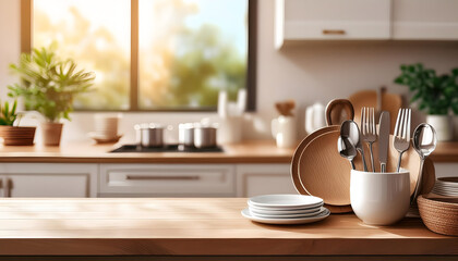 Fototapeta premium set of clean dishware and cutlery against blurred kitchen interior