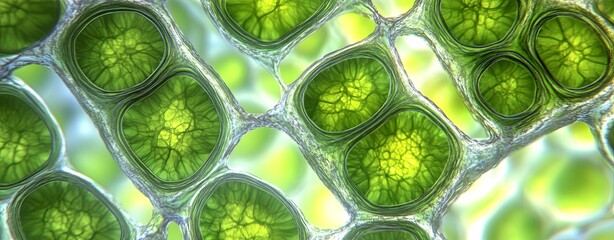 Microscopic examination of plant cells showing detailed chloroplasts and cell walls, with vibrant green hues and accurate cellular structure, clear light, realistic photo 8K