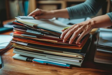 Close up of a womans hands organizing a large stack of documents and folders on a wooden desk