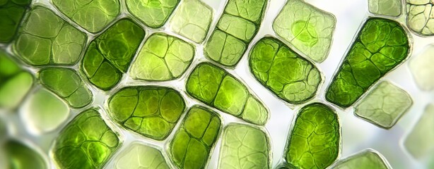 Microscopic examination of plant cells showing detailed chloroplasts and cell walls, with vibrant green hues and accurate cellular structure, clear light, realistic photo 8K