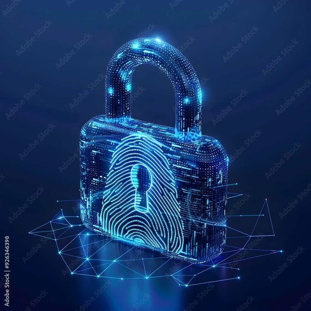 Poster biometric padlock with digital fingerprint and shield signifying secure access and data protection