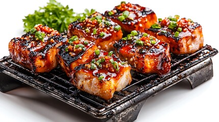 Top view of grilled chicken with barbecue sauce on a metal bar grill, isolated white background. The bar grill is made of stainless steel, with a clear texture and the food looks delicious.